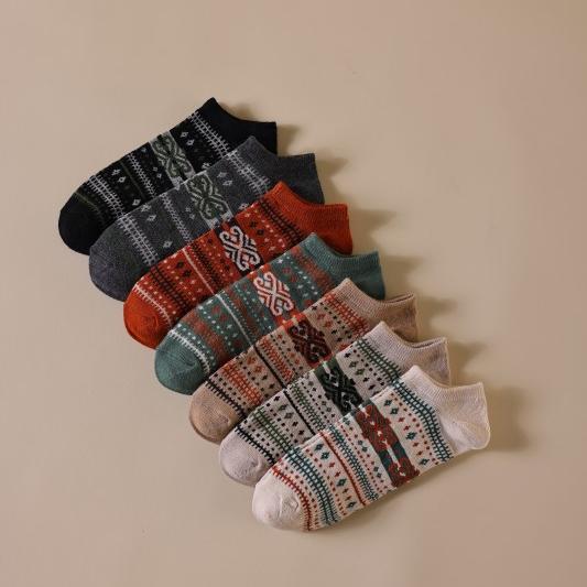 Vintage Nordic Fair Isle Ankle Socks, Retro Ethnic Jacquard Low-Cut Socks, Women's Casual Knit Short Socks For Daily Wear