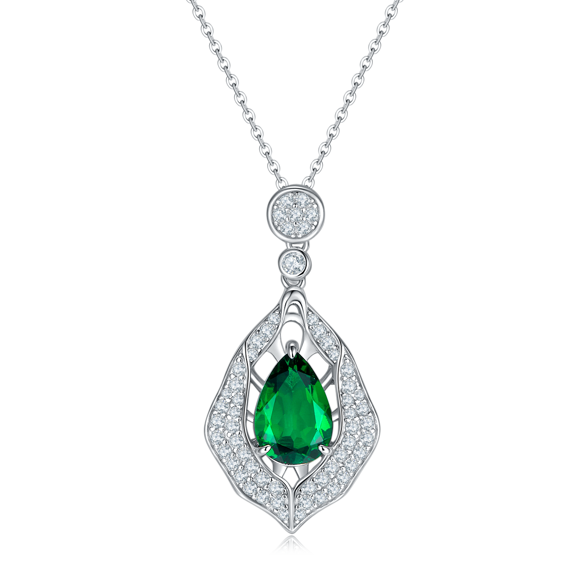 S925 Silver 5.4g Platinum Plated 4ct Lab-Created Emerald Necklace, 12x8mm Teardrop Pendant, 40&5cm