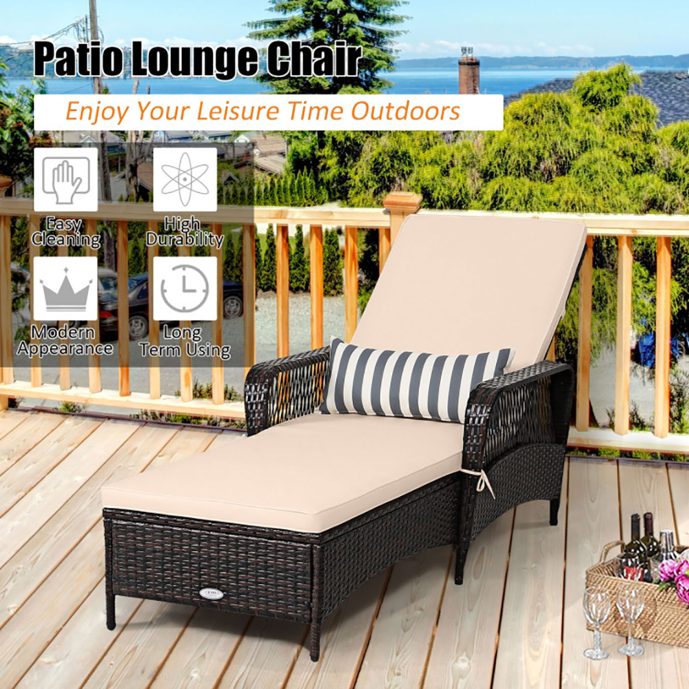 Outdoor Patio Wicker Chaise Lounge Chair With Adjustable Backrest And Pillow Of Up400lbs Foryard, Lawn, Poolside, Beach, Or Balcony