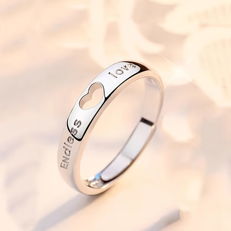 2PC Adjustable Heart Couple Rings, Classic Silver Letter Design, Perfect Valentine's Day Gift For Him & Her