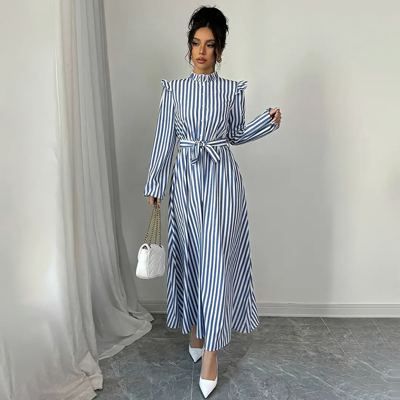 Women's Floral Print Long Sleeve Maxi Dress Stand Collar A Line Dress With Waist Detail, Lantern Sleeves & Ruffle Hem For Spring&Fall Blue - Shop at LoveMi
