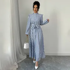 Women's Floral Print Long Sleeve Maxi Dress - Stand Collar A-Line Dress With Waist Detail, Lantern Sleeves & Ruffle Hem For Spring&Fall - Blue - View 1