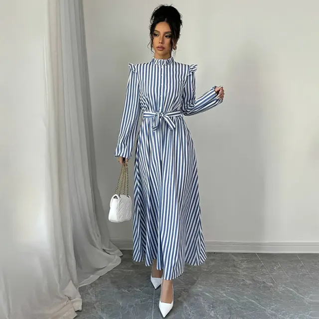 Women's Floral Print Long Sleeve Maxi Dress Stand Collar A Line Dress With Waist Detail, Lantern Sleeves & Ruffle Hem For Spring&Fall Blue - Shop at LoveMi