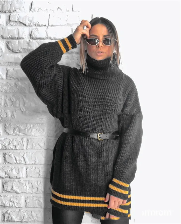 European And American Women's Large Striped Loose High Neck Sweater Women - Dark Grey