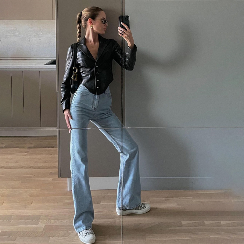 Women's Slim Fit Fashion Short Suit Collar PU Leather Top