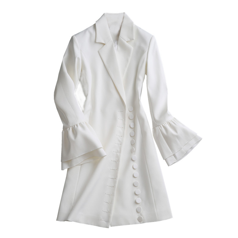Trumpet Sleeve Small Suit Women's Mid-length Slim Single-breasted White Dress