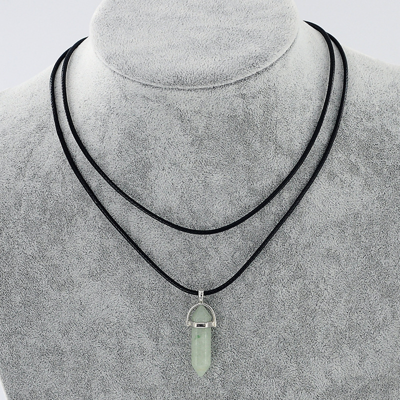 Natural Stone Pendant Double Leather Rope Crystal Hexagonal Column Necklace Emerald - Shop at LoveMi