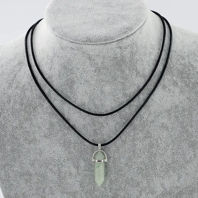 Natural Stone Pendant Double Leather Rope Crystal Hexagonal Column Necklace Emerald - Shop at LoveMi