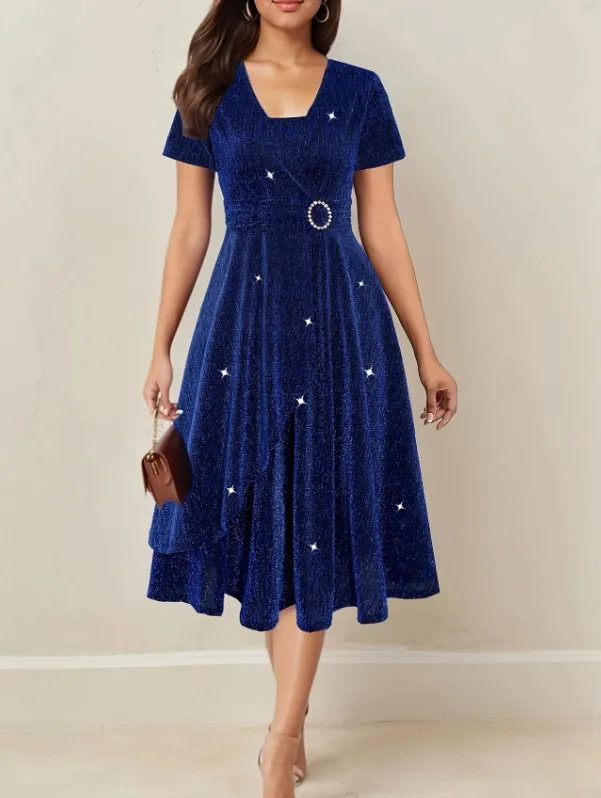 Asymmetrical Hem Short Sleeve V neck Cross Elegant Solid Color Rhinestone Dress Blue Blue - Shop at LoveMi
