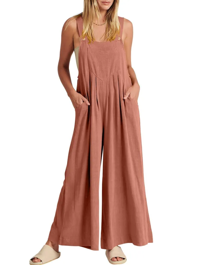 Women's Solid Color Loose Casual Cotton And Linen Suspender Jumpsuit Watermelon Red - Shop at LoveMi