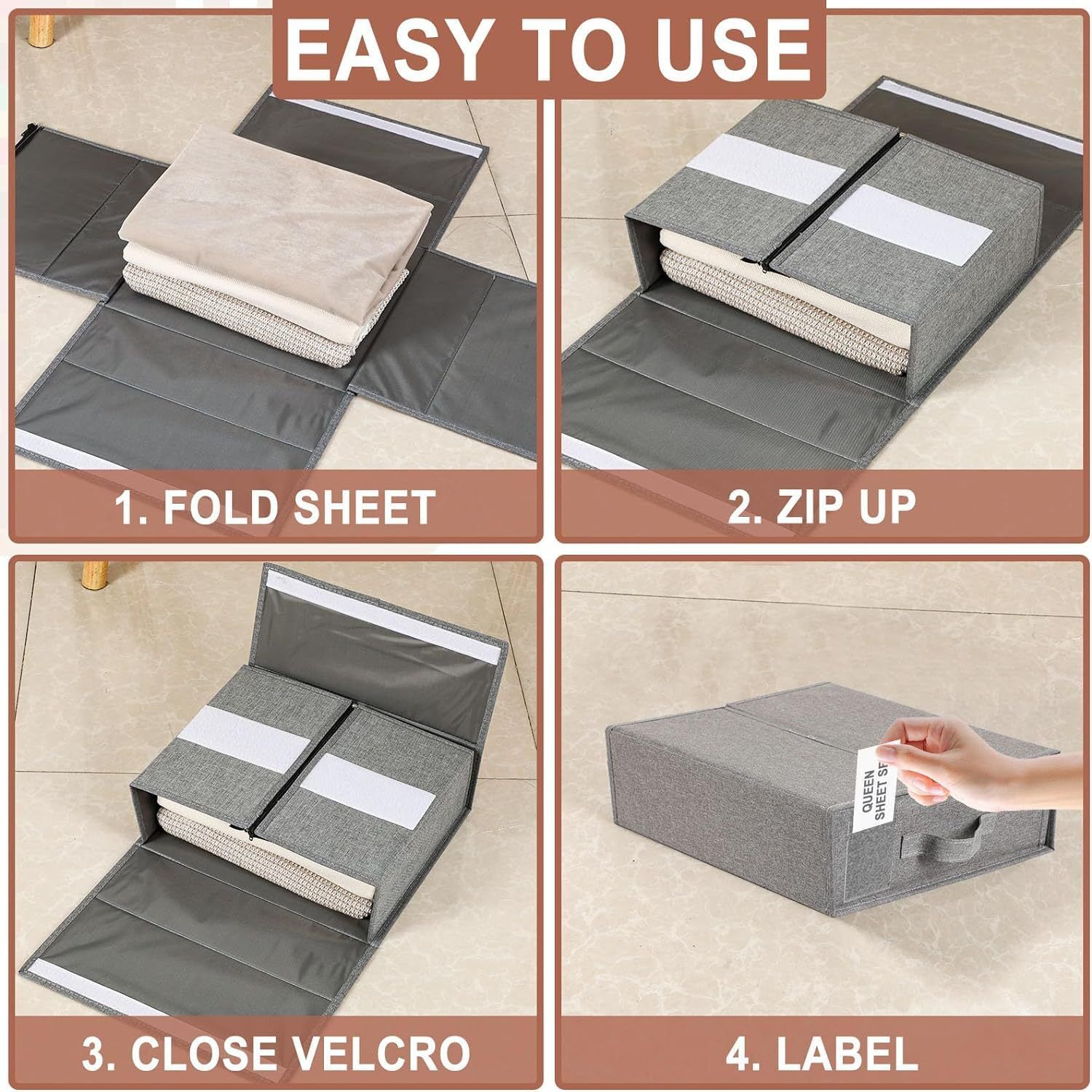 2x Foldable Bed Sheet Set Organizer Fabric Storage Bin Blanket Bedding Container--Beigex2