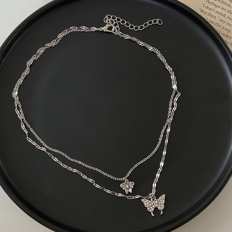 Necklace Butterfly Double  Female Simple Design Temperament Cold Wind Clavicle Chain