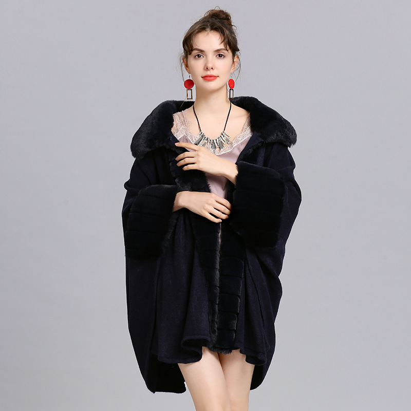 Oversized Loose Rex Rabbit Fur Collar Knitted Cardigan Jacket Navy - Shop at LoveMi