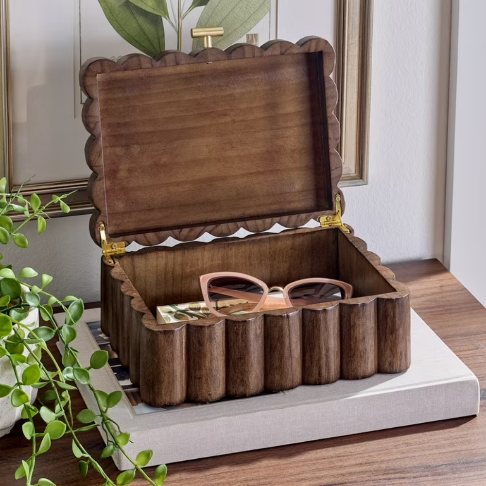 Scalloped Wooden Jewelry Box With Lid, Decorative Trinket Storage Organizer, Natural Wood