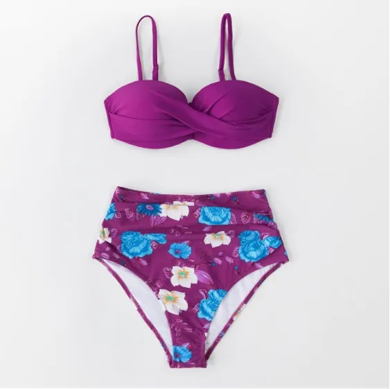 Ladies Heart Collar High Waist Two Piece Swimsuit - I-S