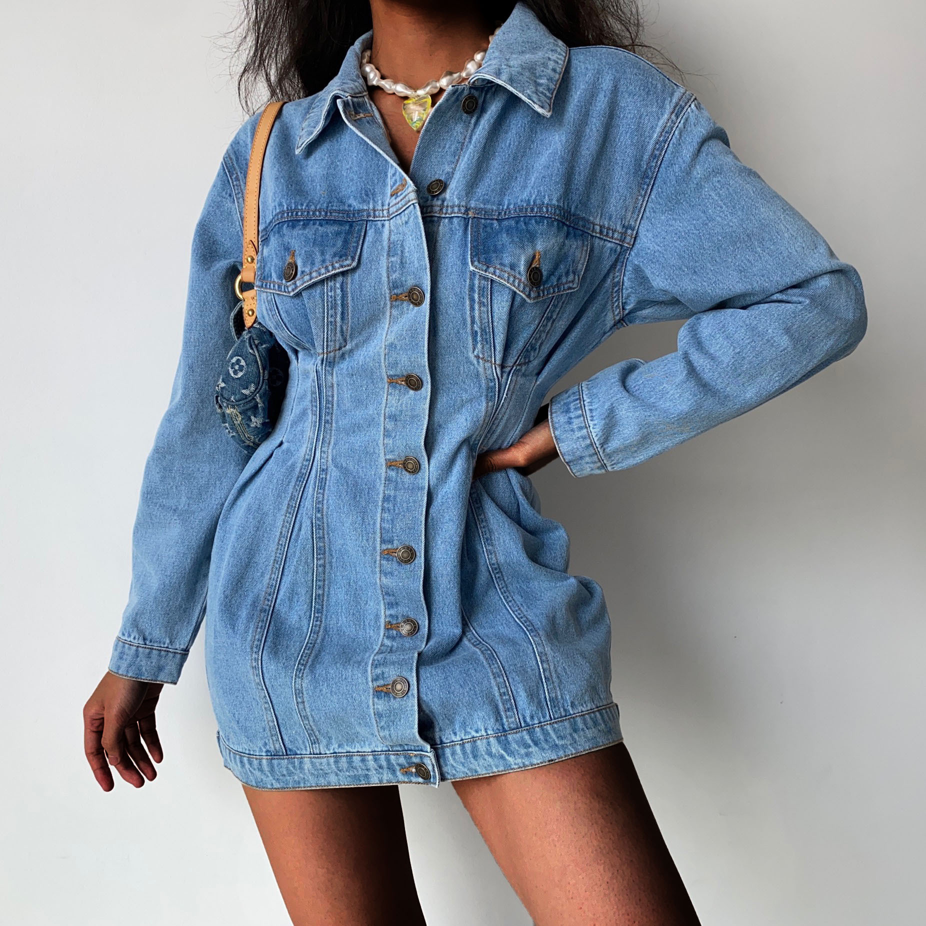 Lapel Collar Front Buttoned Long Sleeve Denim Jacket Dress