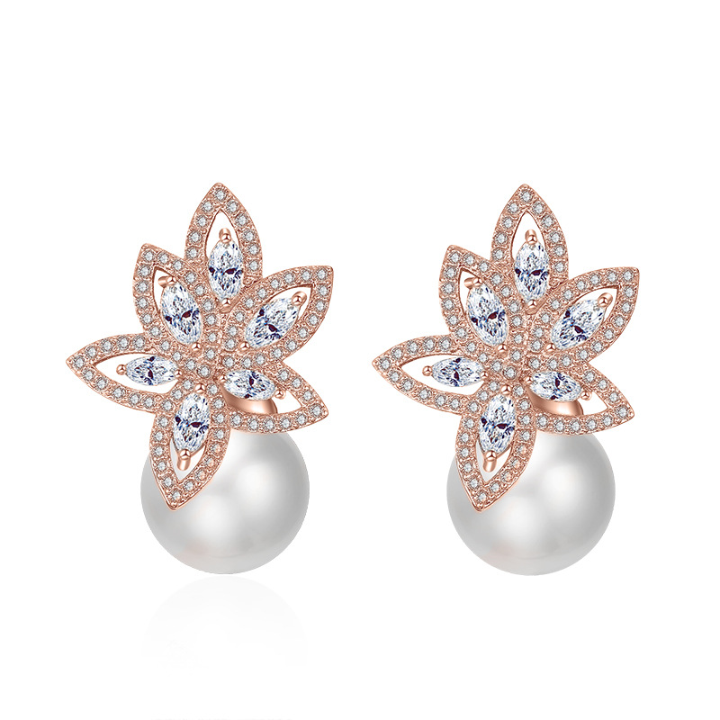 Fashion Creative Flower Pearl Earrings Female Inlaid With AAA Zircon