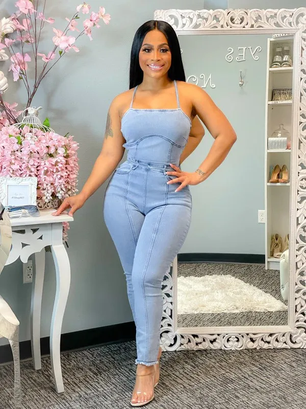 New Casual Slim Sexy Backless Bandage Suspenders Denim Jumpsuit Blue - Shop at LoveMi