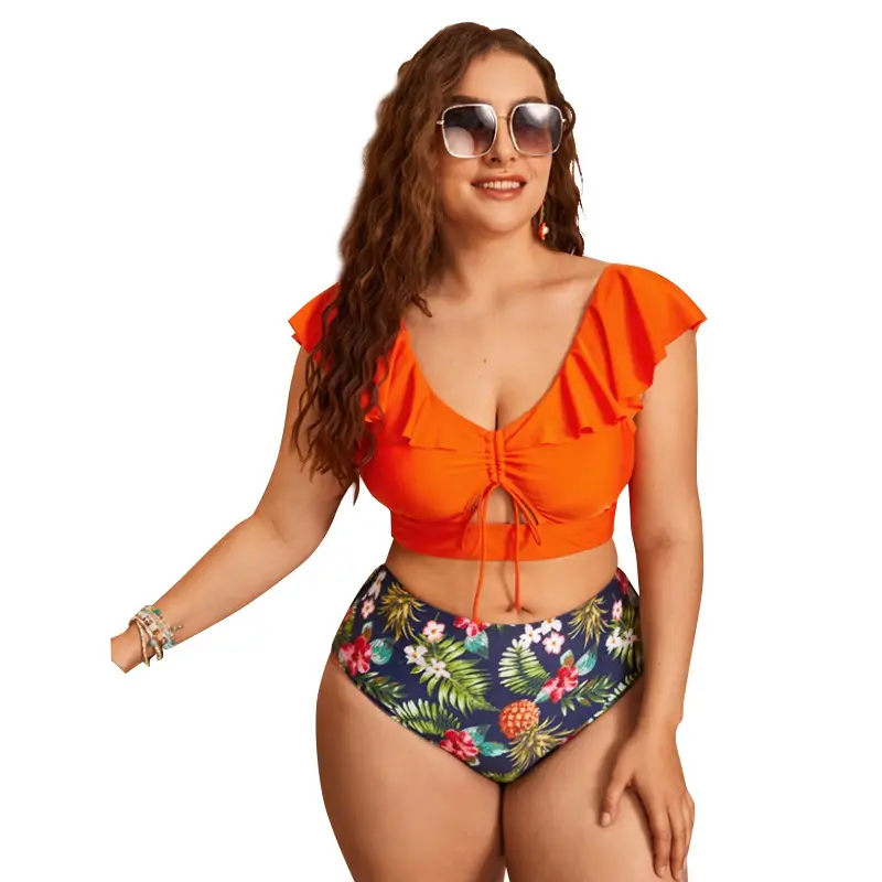 Digital Printed Pleated Ruffled High-Waisted Split Swimsuit