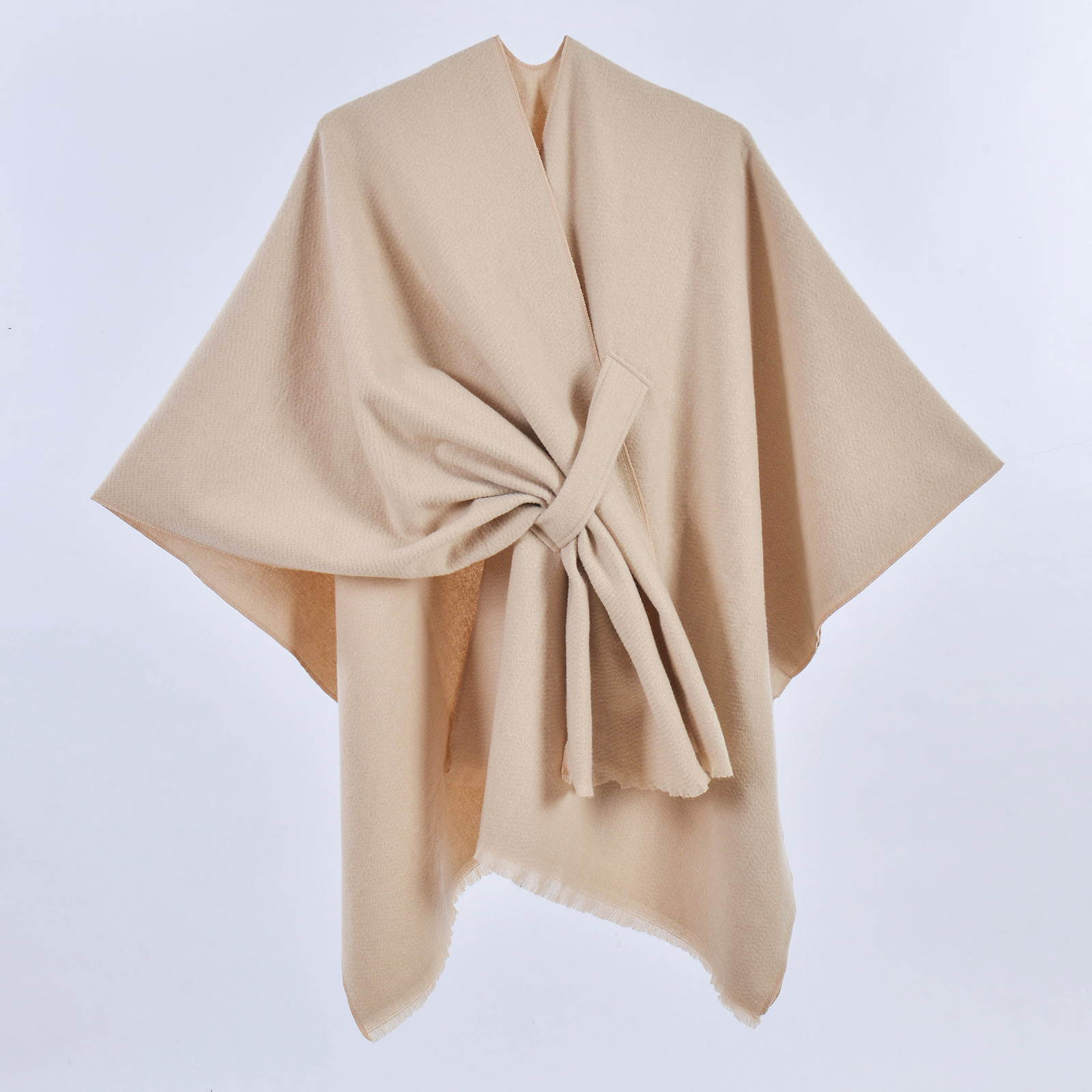 Women's Warm Autumn Winter Poncho, Minimalist Reversible Double-Sided Solid Color Split Hem Faux Cashmere Outer Shawl Cape — view 2