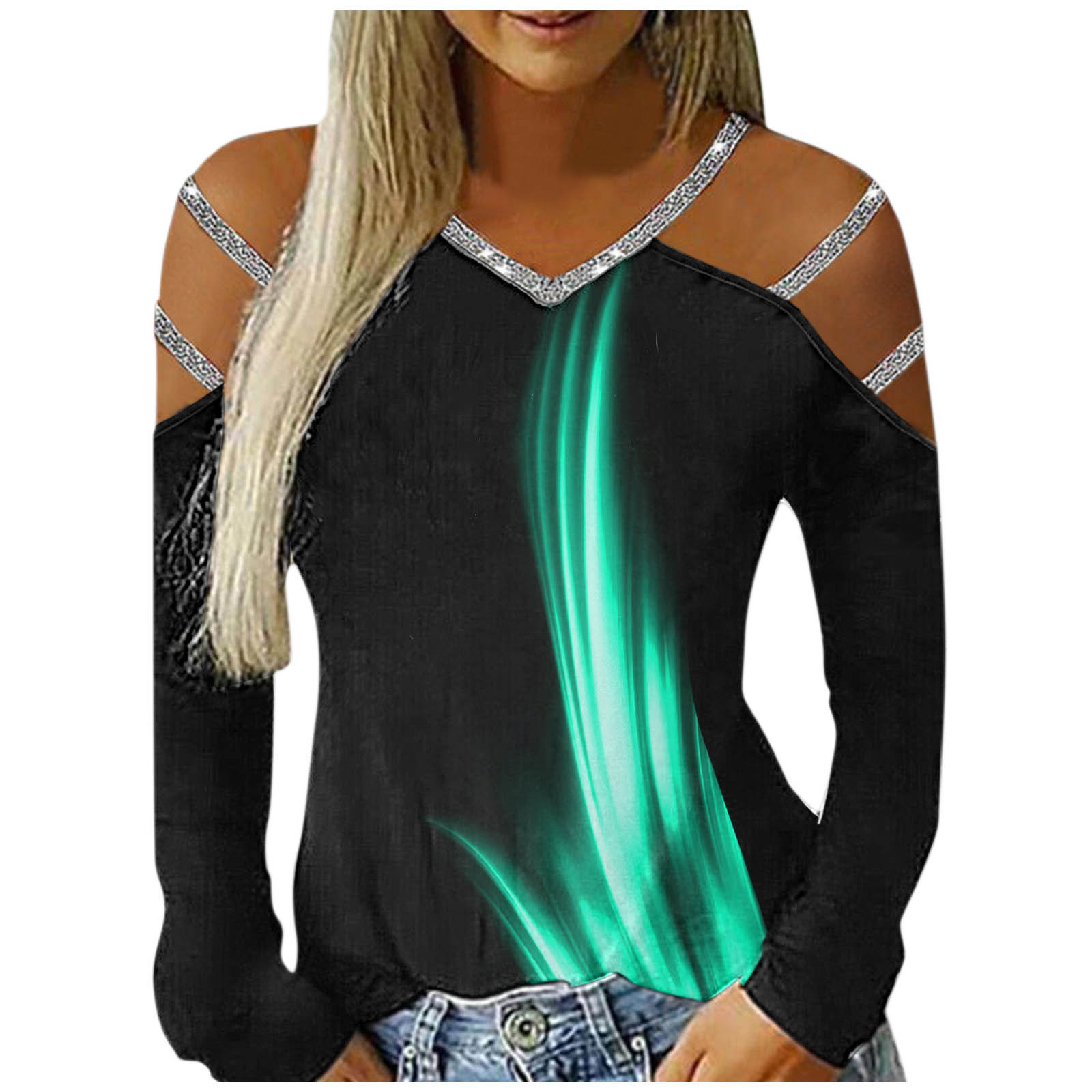 Ladies Casual V Neck Printed Cutout Off Shoulder Long Sleeve T Shirt Black6 - Shop at LoveMi