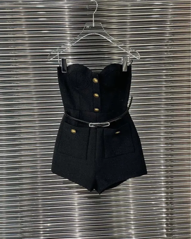 Metal Button Short Jacket Bandeau Slim fit One piece Shorts Jumpsuit - Shop at LoveMi