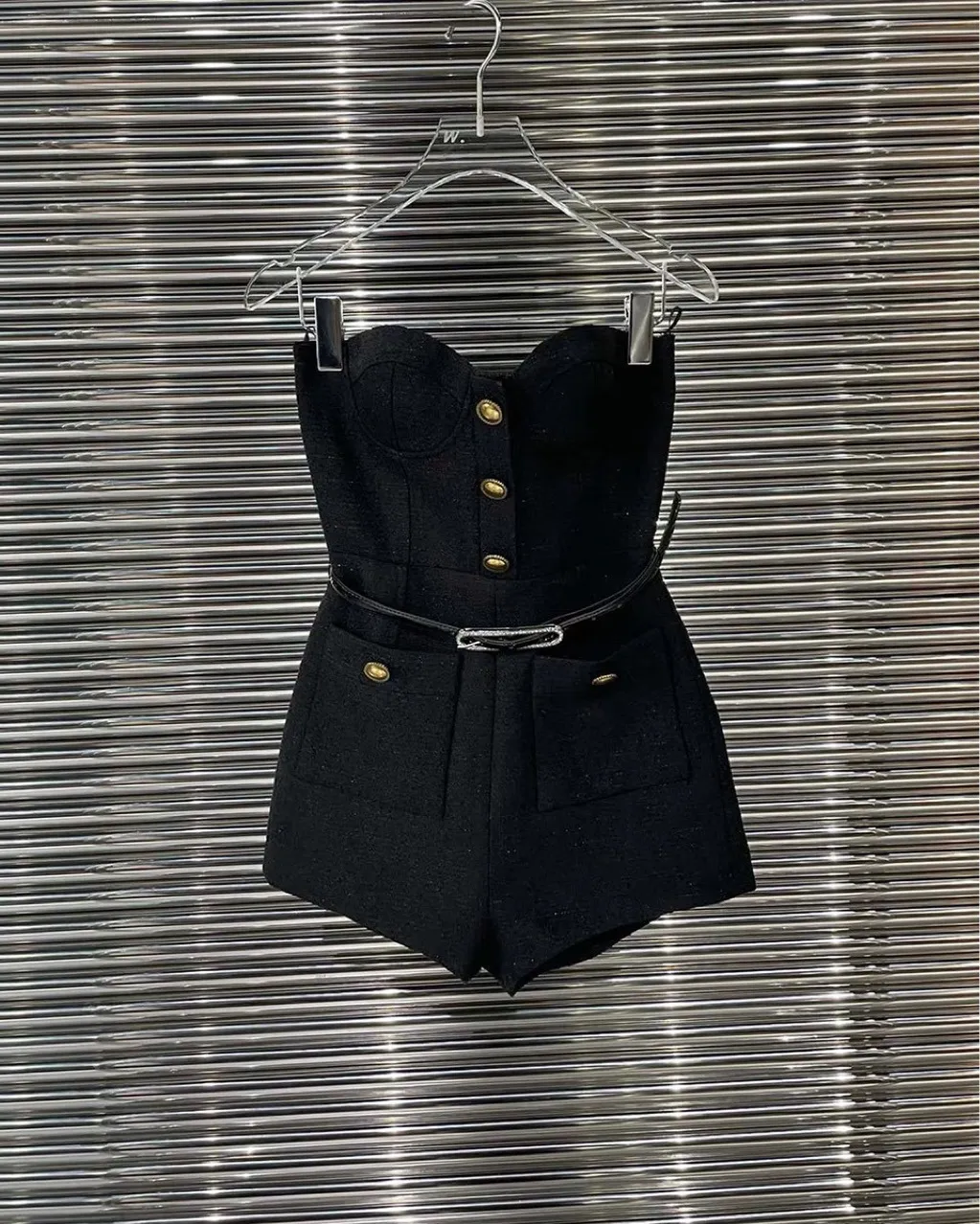 Metal Button Short Jacket Bandeau Slim-fit One-piece Shorts - Jumpsuit