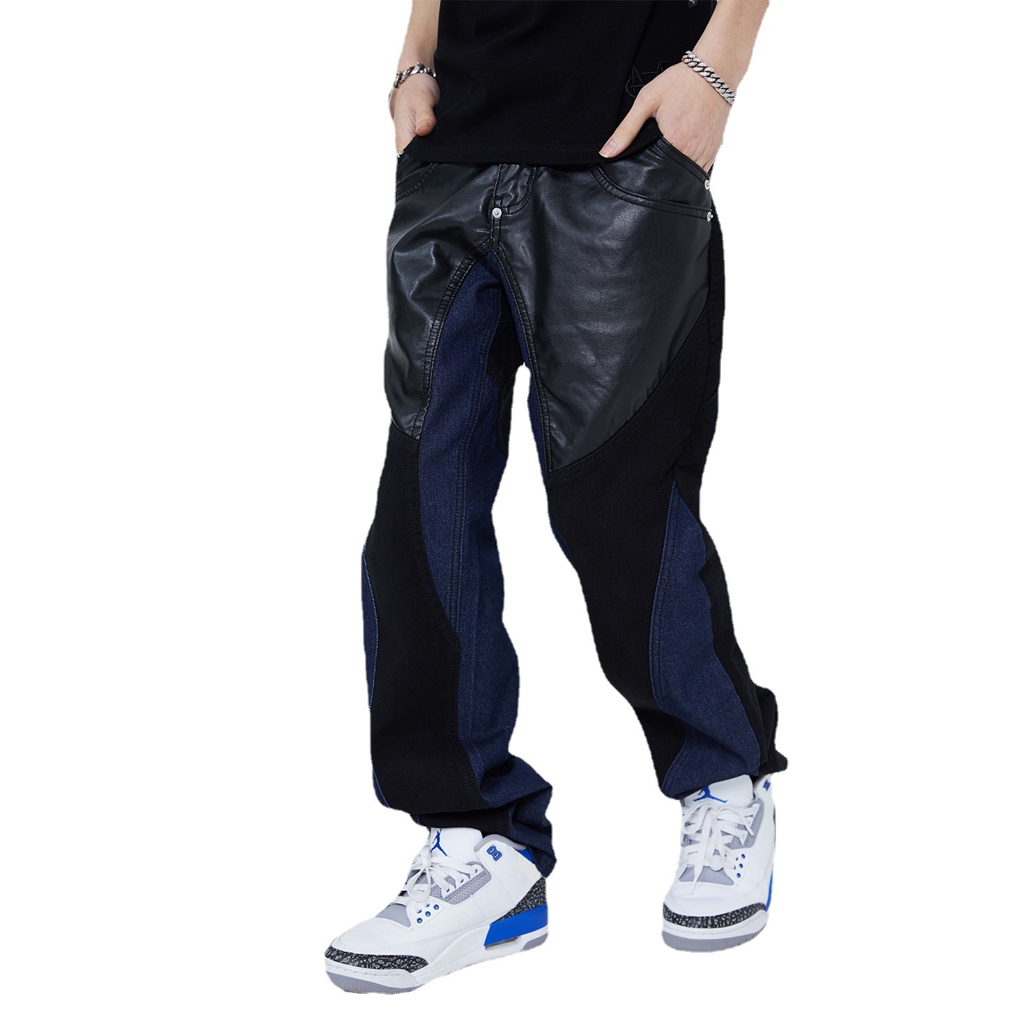 Leather Matching PU Jeans High Street Straight Tube Stacked Casual Pants