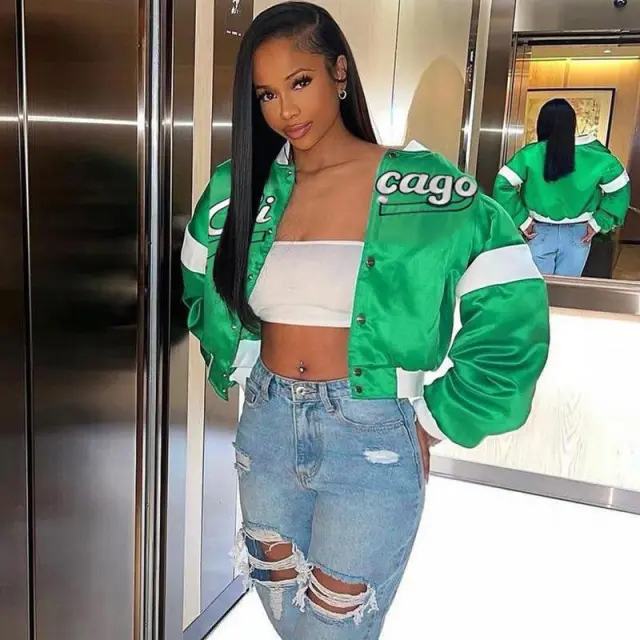 Women's Embroidered Contrast Color American Baseball Jacket Green - Shop at LoveMi