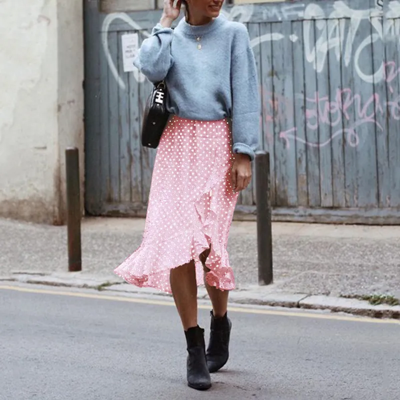 Ladies Polka Dot Print Ruffled Irregular Skirt - Pink