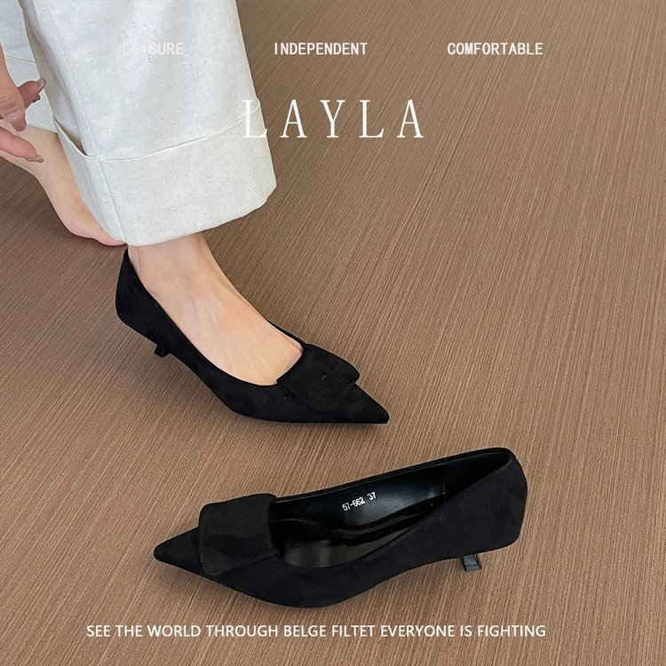 Elegant French Pointed Toe High Heels For Women, Velvet, Slim Heel, Spring 2025 New Collection, Versatile Low-Cut Commute Shoes