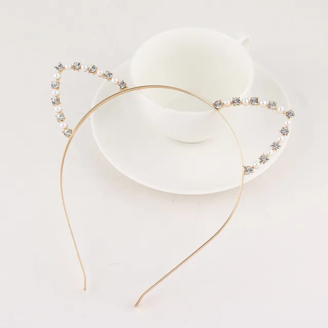 Pearl Diamond Cat Ear Headband Gold - Shop at LoveMi