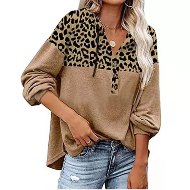 Leopard Print Stitching Loose Long sleeved Casual Hooded Sweater Women Khaki - Shop at LoveMi