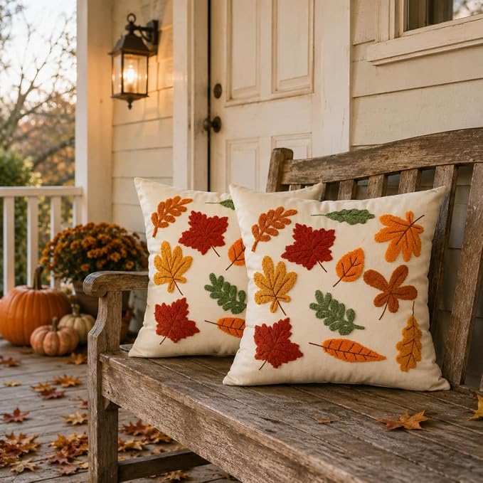 2-Piece Fall Outdoor Throw Pillow Covers, 18x18 Inch Thanksgiving Autumn Decorative Cushion Covers