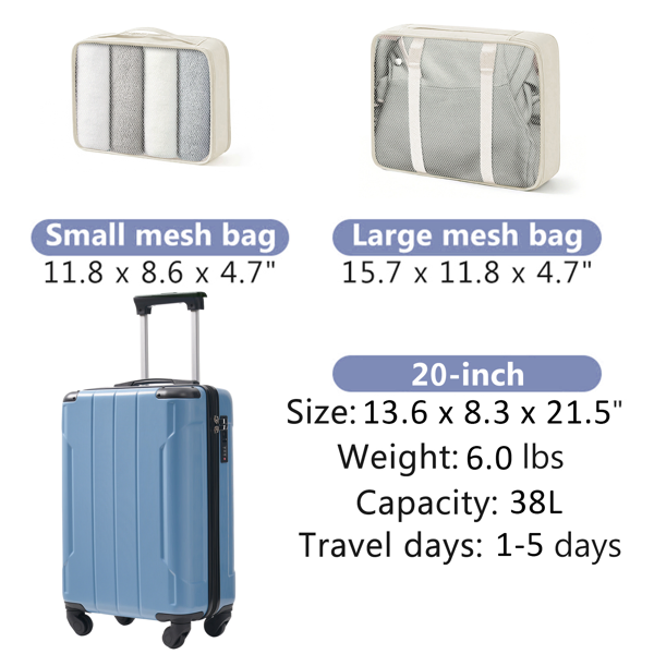 20-Inch Hardshell Carry-On Luggage, Lightweight Durable ABS Suitcase with Spinner Wheels, Built-in TSA Lock, 2 Packing Cubes, Blue-gray-22