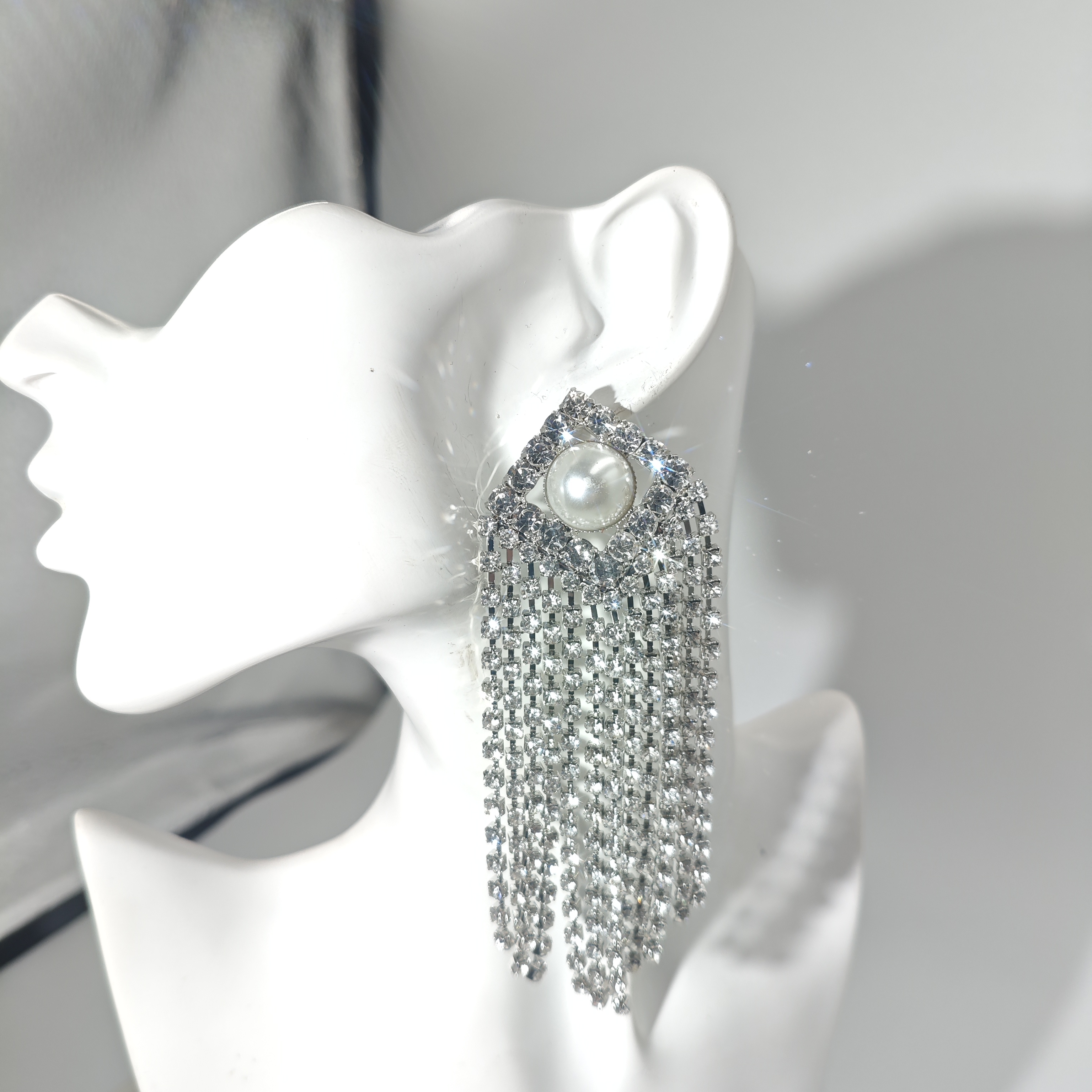 Silver Sparkling Fringe Earrings With Pearl Accent - Jewelry & Watches