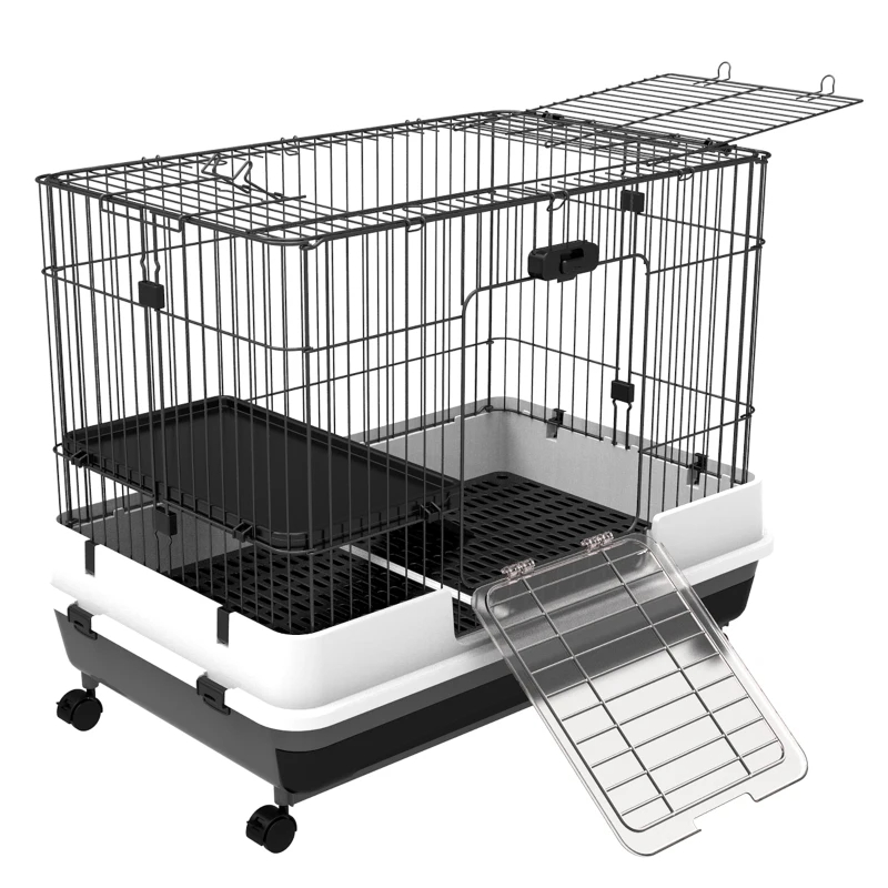 PawHut 2-Level Small Animal Cage Rabbit Hutch With Wheels, Removable Tray, Platform And Ramp For Bunny, Chinchillas, Ferret, Black