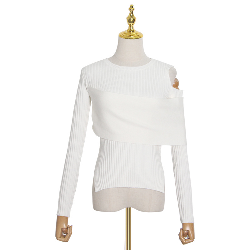 Crew Neck One Piece Wrap Sexy Off-shoulder Slim Solid Color Sweater