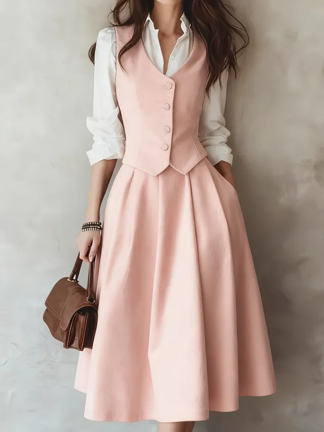 Velvet Button down V neck Casual Vest Dress Set Pink - Shop at LoveMi