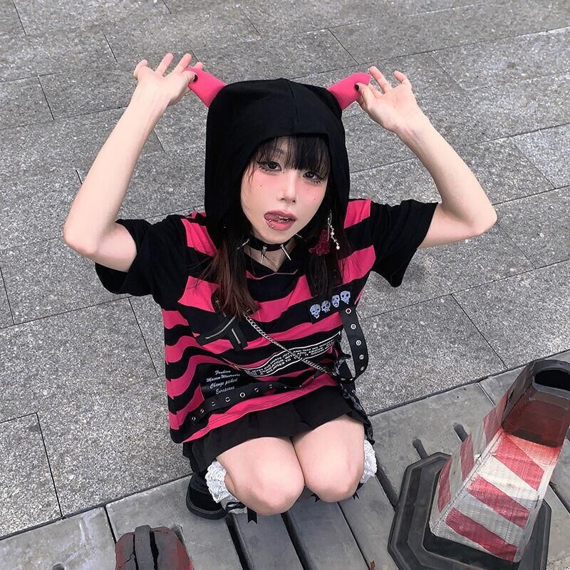 Striped Statement Hooded Cat Ears Hooded T-shirt