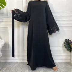Women's Solid Colour Long-sleeved Dress With Floral Lace Zipper - Black - View 1