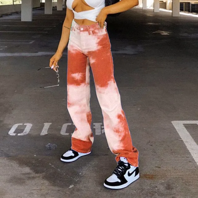 Blue Sky And White Clouds Casual Street Shooting High Waist Straight Tie dye Pants Orange - Shop at LoveMi