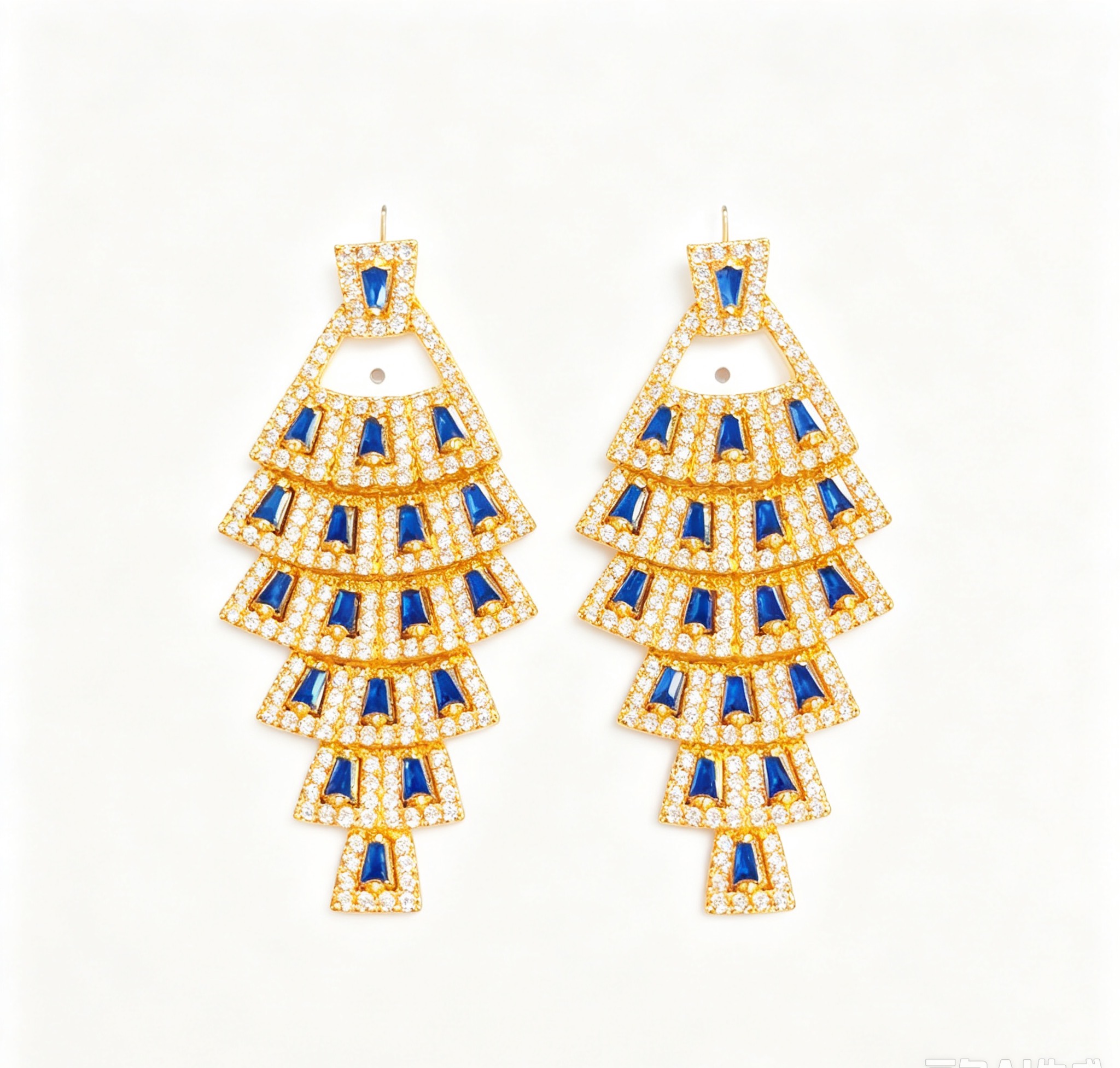 18K Gold Plated Layered Tiered Dangle Earrings Royal Blue Cubic view