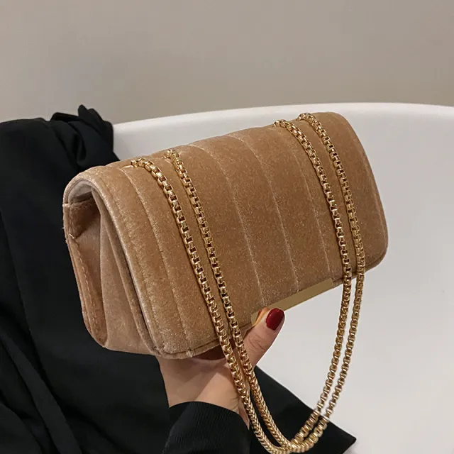 One Shoulder Velvet Chain Crossbody Bag Khaki - Shop at LoveMi