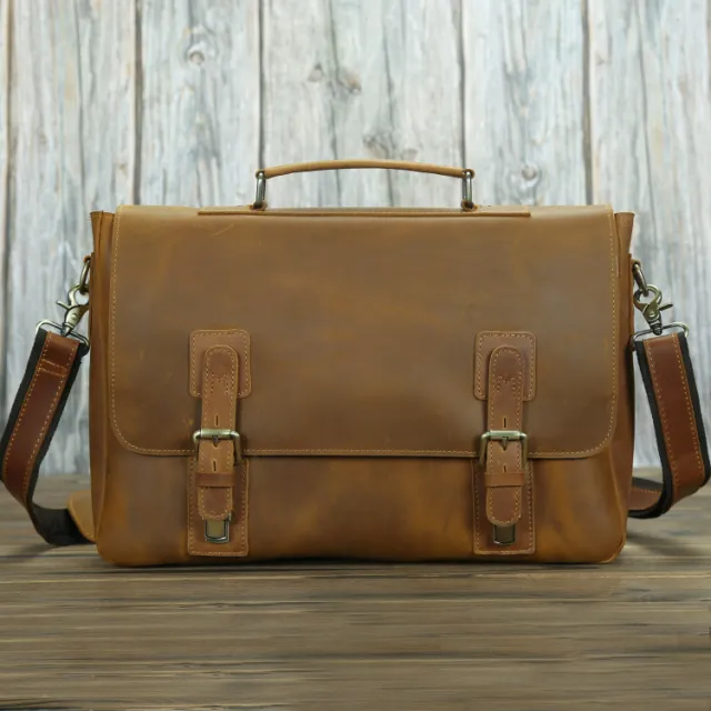 Retro First Layer Cowhide One shoulder Messenger Bag Yellow - Shop at LoveMi