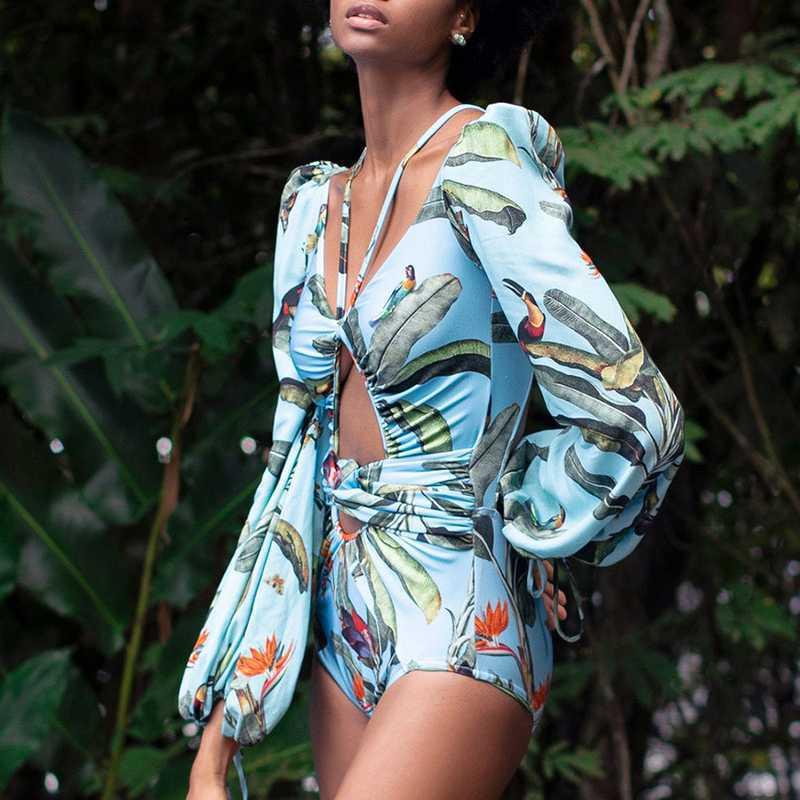 Long-sleeved Flashing One-piece Swimsuit Women High Waist Printing