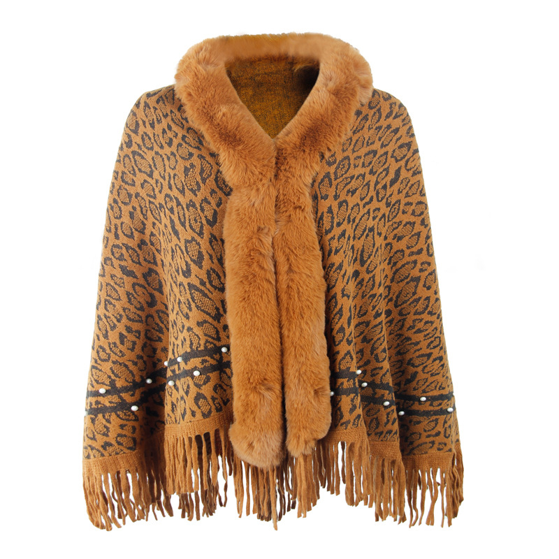 Women's Fringed Warm Leopard Print Fur Collar Coat