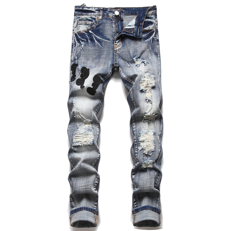 Title 2, Calça jeans masculina Retro Blue Ripped Slim co...