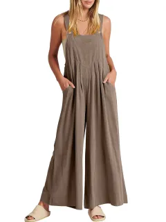 Women's Solid Color Loose Casual Cotton And Linen Suspender Jumpsuit - Brown - View 1