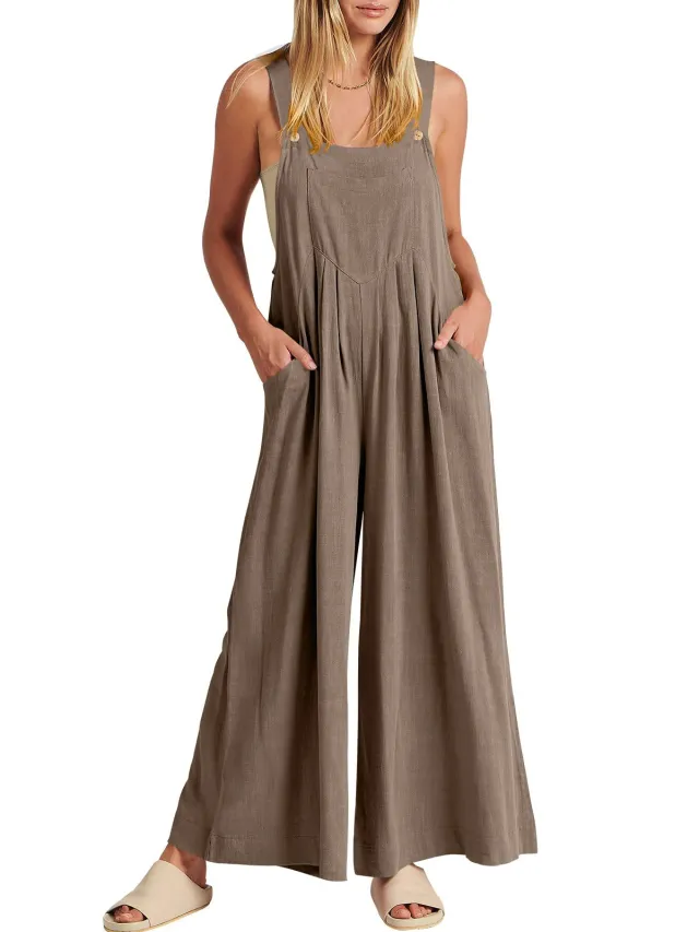 Women's Solid Color Loose Casual Cotton And Linen Suspender Jumpsuit Brown - Shop at LoveMi